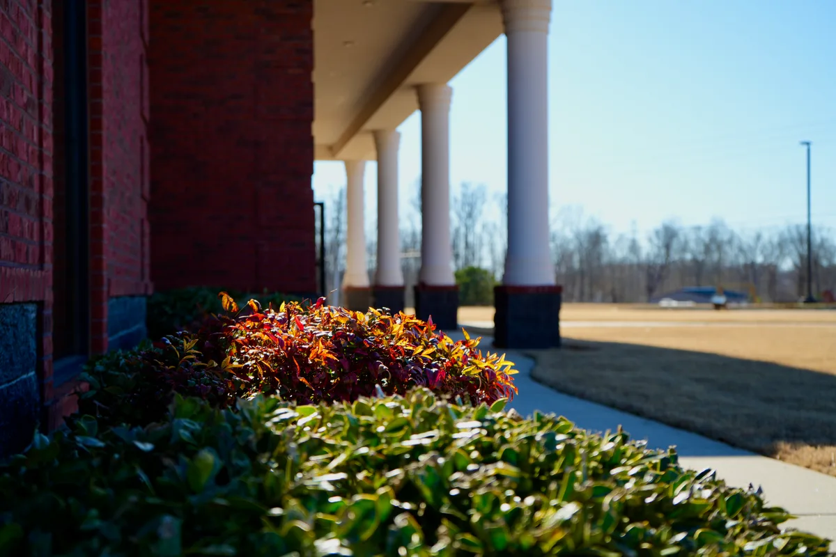 Red brick and flowers beside the entrance to Calvary Baptist Church